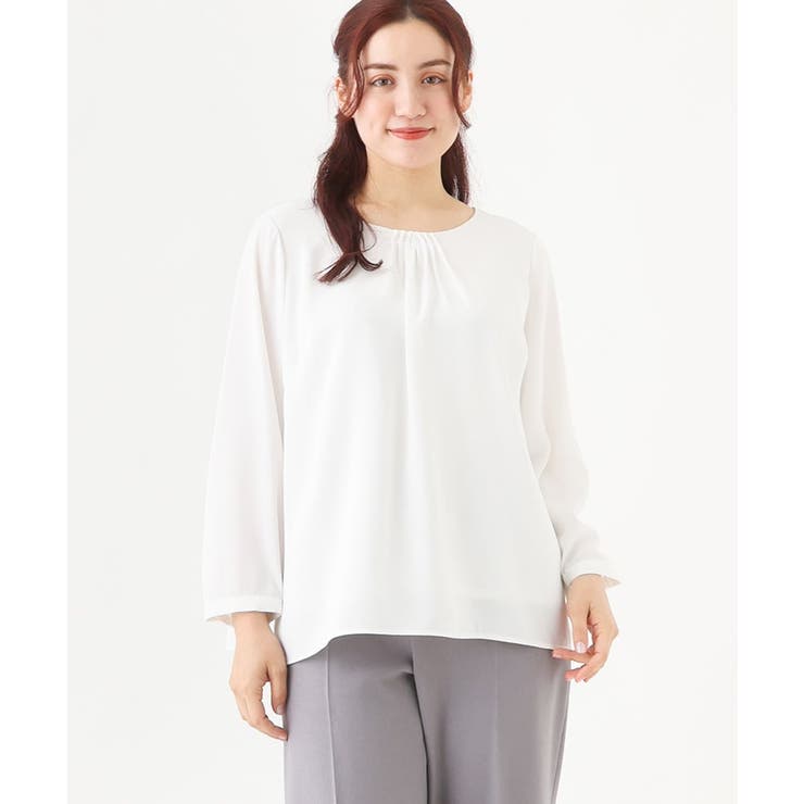 ホワイト(90) | 【大きいサイズ/11号サイズあり】サテンタックブラウス | eur3