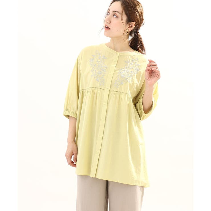 イエロー(25) | 【大きいサイズ】フラワー刺繍ブラウス | eur3