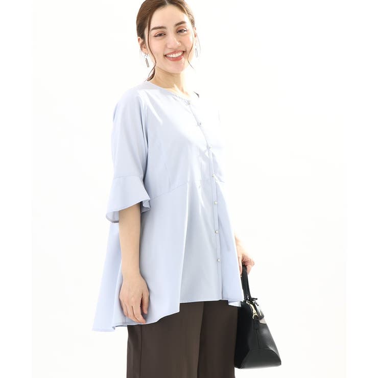 ライトブルー(50) | 【大きいサイズ/11号サイズあり】Vネックペプラムブラウス | eur3