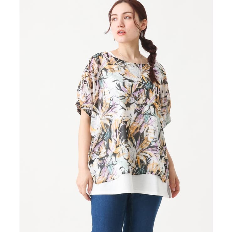 パープル(63) | 【大きいサイズ】リゾートプリントブラウス＋タンクトップセット | eur3