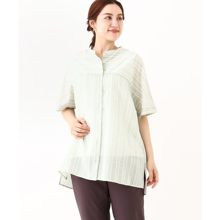 ライトグリーン(30) | 【大きいサイズ】ドビーストライプチュニックブラウス | eur3