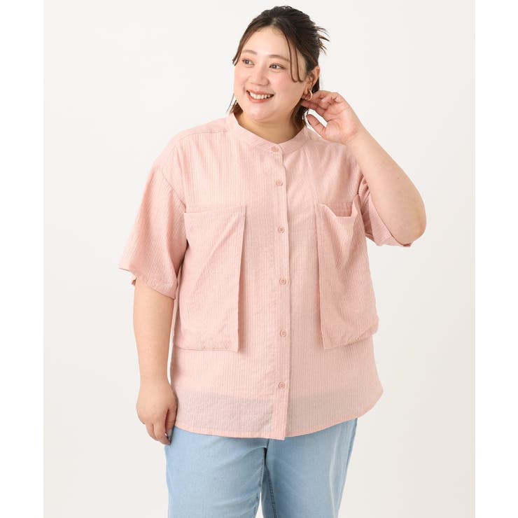 【大きいサイズ/soso×eur3】バンドカラーシャツタンクトップセット 大きいサイズ/soso×eur3】バンドカラーシャツタンクトップセット