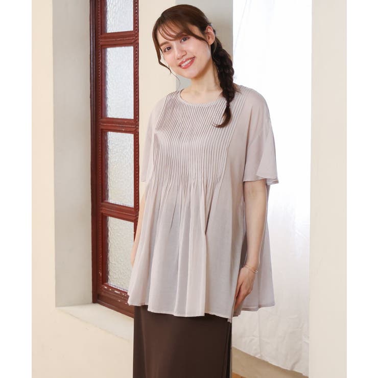 グレージュ | 【大きいサイズ】インド綿ピンタックブラウス | eur3
