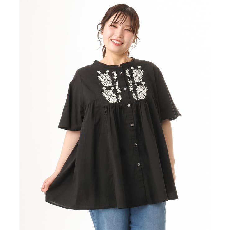 ブラック | 【大きいサイズ】インド綿刺繍ギャザーブラウス | eur3