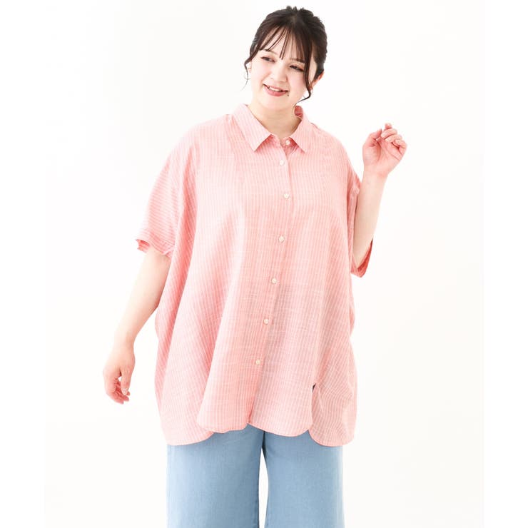 大きいサイズ】バックギャザーストライプシャツ[品番
