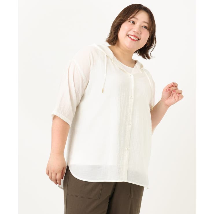 大きいサイズ】シアーフーディー半袖ブラウス[品番：ITKW0022102