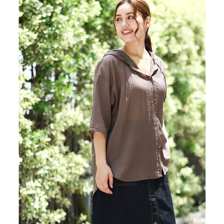 モカ(84) | 【大きいサイズ】シアーフーディー半袖ブラウス | eur3