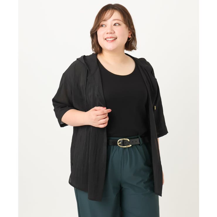 ブラック(94) | 【大きいサイズ】シアーフーディー半袖ブラウス | eur3