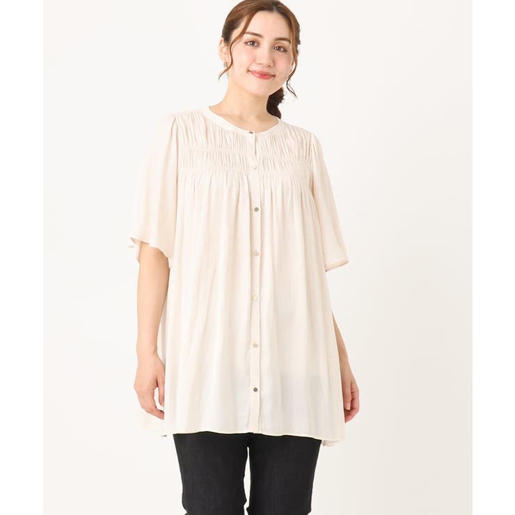 アイボリー(80) | 【大きいサイズ/a.v.v×eur3】サテンシャーリングブラウス | eur3