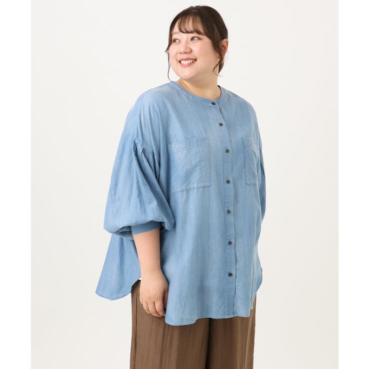 【大きいサイズ】ノーカラーシア―デニムシャツ | eur3 | 詳細画像2 