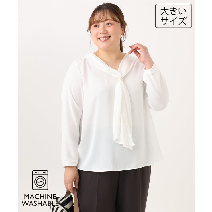 ホワイト | 【大きいサイズ/11号サイズあり】スカーフリング付きマルチウェイブラウス | eur3