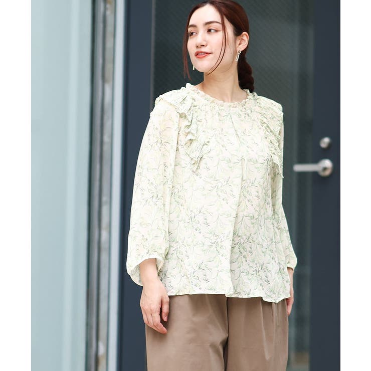 ライトイエロー(20) | 【大きいサイズ】シフォンボタニカルブラウス | eur3