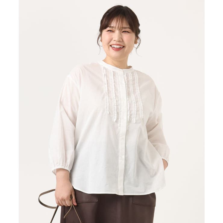 アイボリー(80) | 【大きいサイズ】コットンフリルブラウス | eur3