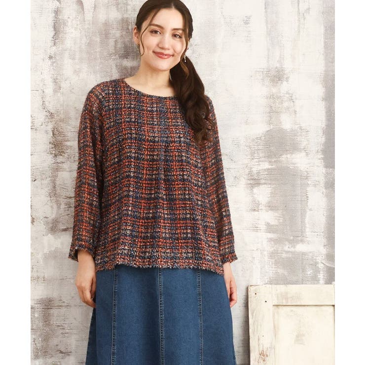 オレンジ(15) | 【大きいサイズ】カットジャカードチェック柄ブラウス | eur3