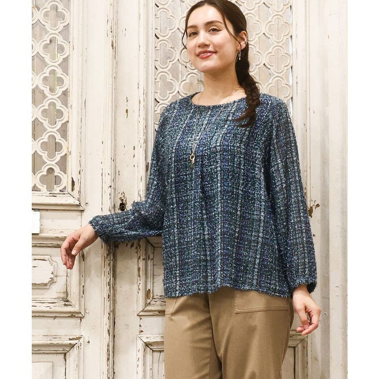 ブルー(55) | 【大きいサイズ】カットジャカードチェック柄ブラウス | eur3