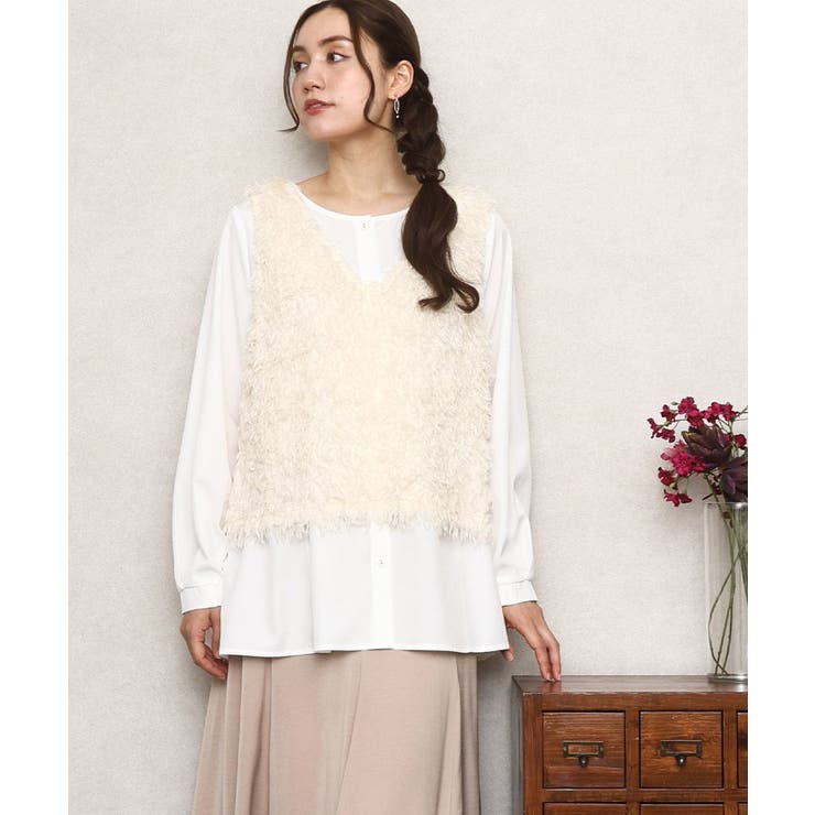 アイボリー(80) | 【大きいサイズ】フェザーベスト＋ブラウスセット | eur3