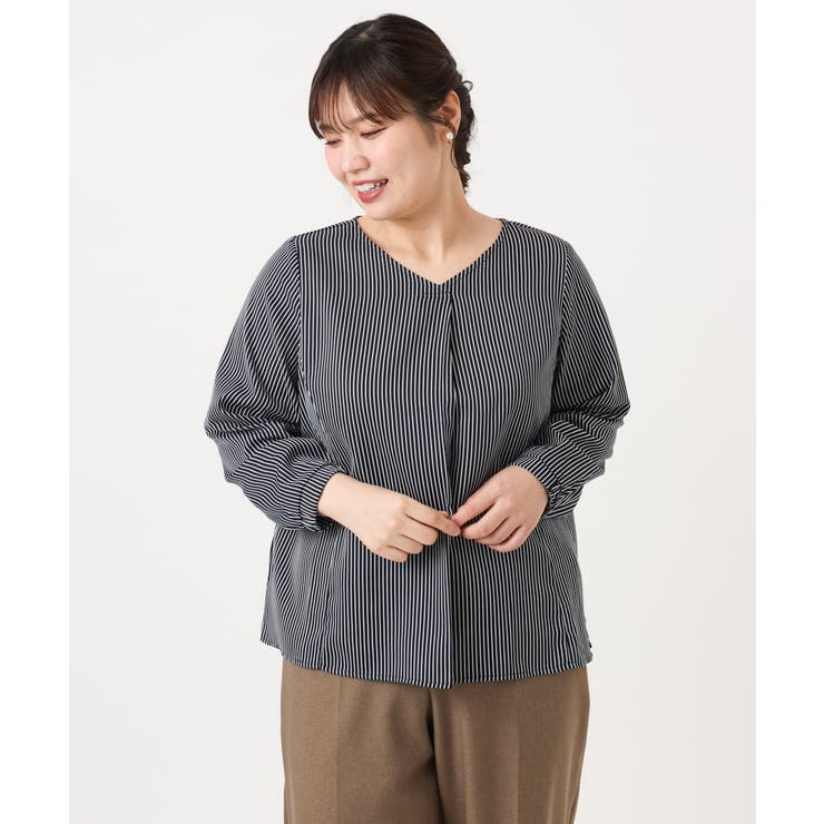 【大きいサイズ/11号サイズあり】Vネックストライプブラウス | eur3 | 詳細画像2 