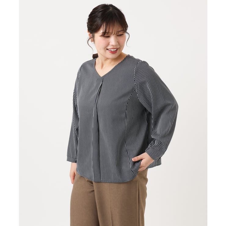 ネイビー(57) | 【大きいサイズ/11号サイズあり】Vネックストライプブラウス | eur3