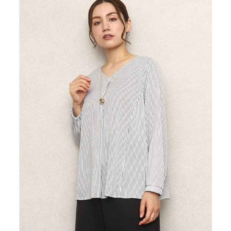 ホワイト(90) | 【大きいサイズ/11号サイズあり】Vネックストライプブラウス | eur3