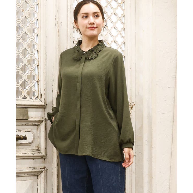カーキ(36) | 【大きいサイズ】ポーラレース襟ブラウス | eur3
