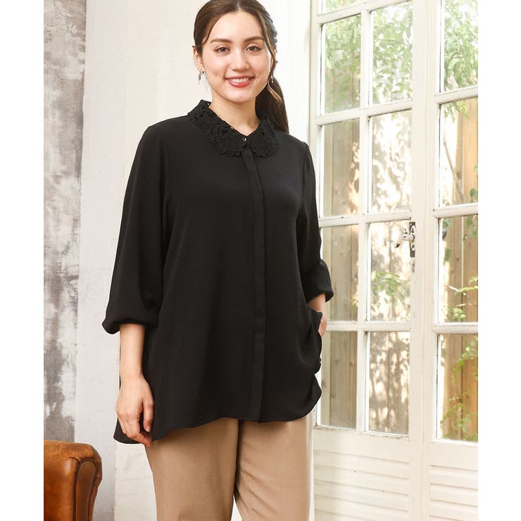ブラック(94) | 【大きいサイズ】ポーラレース襟ブラウス | eur3