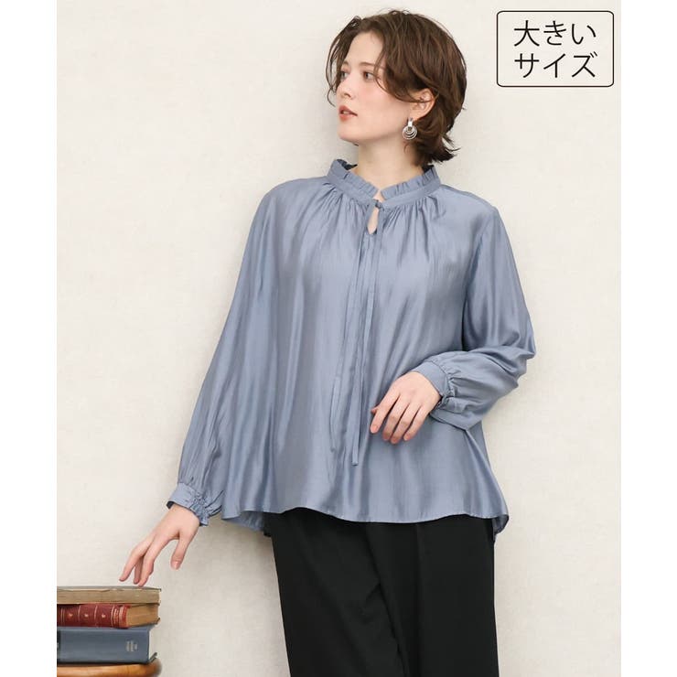 【大きいサイズ/11号サイズあり】リボンタイフリルネックブラウス | eur3 | 詳細画像1 