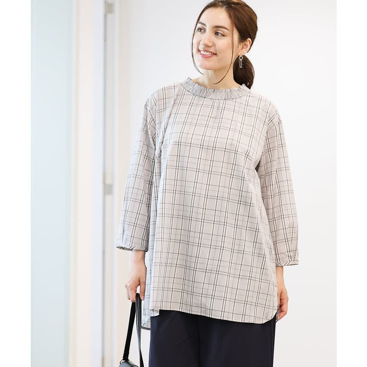 ライトグレー(91) | 【大きいサイズ】シャーリングチェックブラウス | eur3