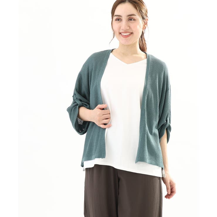 グリーン(35) | 【大きいサイズ】麻タッチトッパーカーディガン | eur3