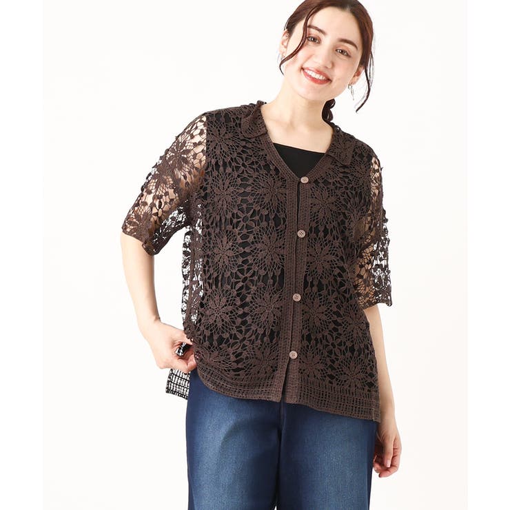 ブラウン(87) | 【大きいサイズ】クロシェ風カーディガン | eur3