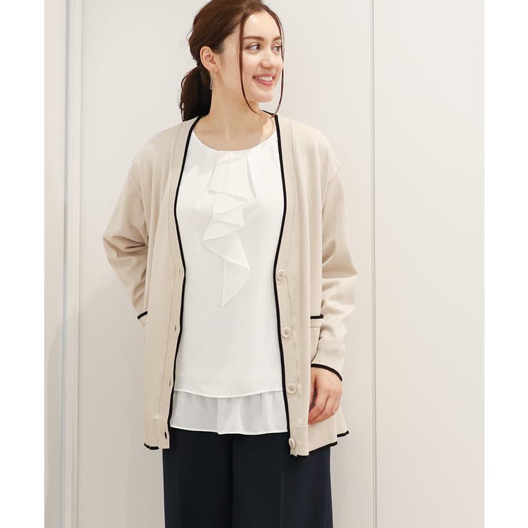 ベージュ(82) | 【大きいサイズ】Vネックドロップショルダーカーディガン | eur3