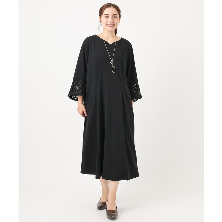 ブラック(94) | 【大きいサイズ/11号サイズあり】レーススリーブドレス | eur3