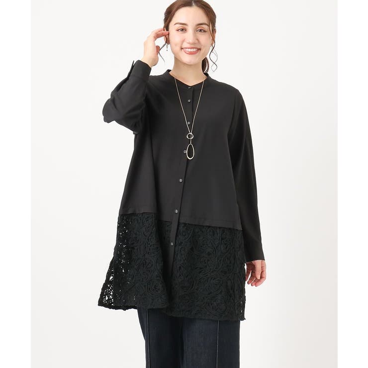 ブラック(94) | 【大きいサイズ】レースコンビシャツチュニック | eur3