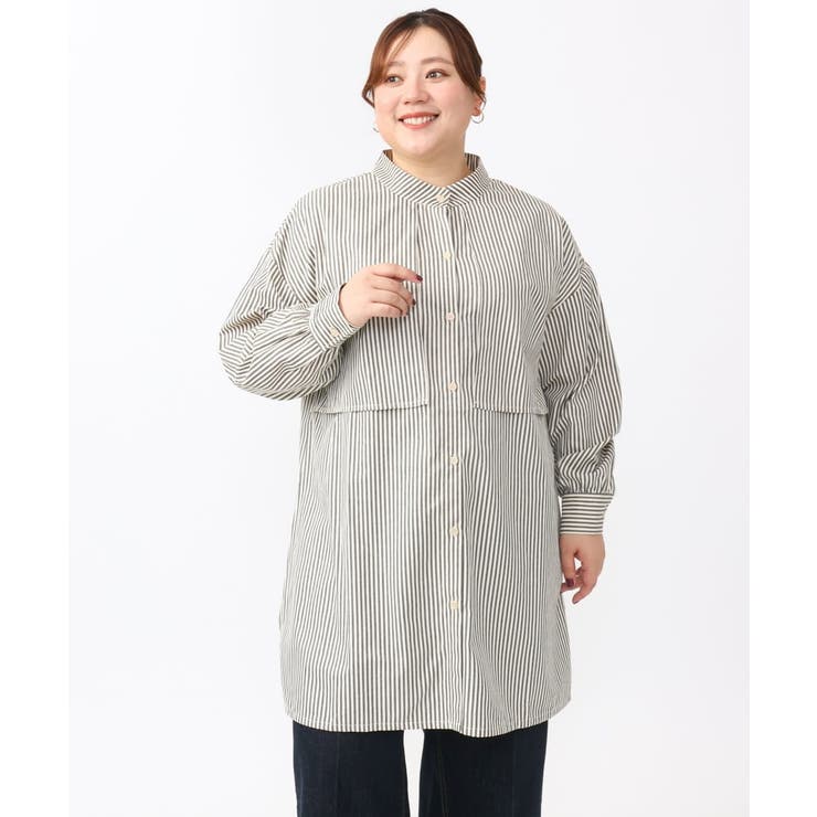 グレー(92) | 【大きいサイズ/soso×eur3】ケープ風ストライプシャツ | eur3