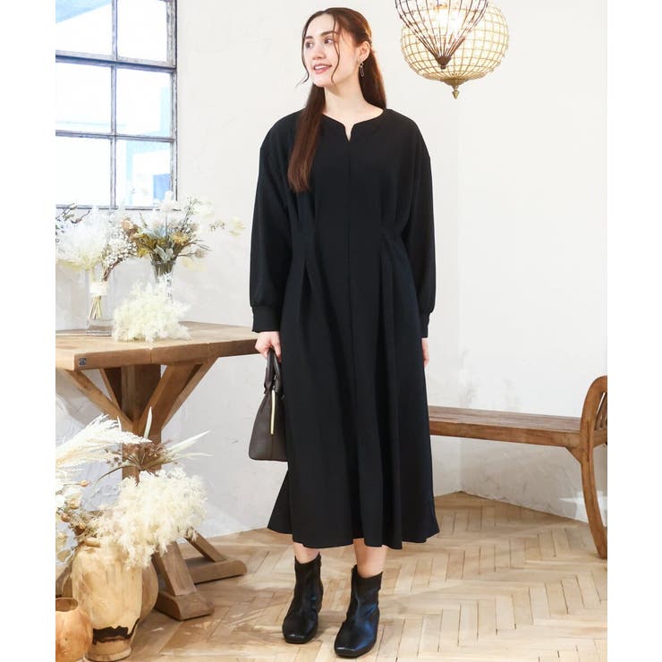 ブラック(94) | 【大きいサイズ/LAVEANGE×eur3】タックジャージーワンピース | eur3