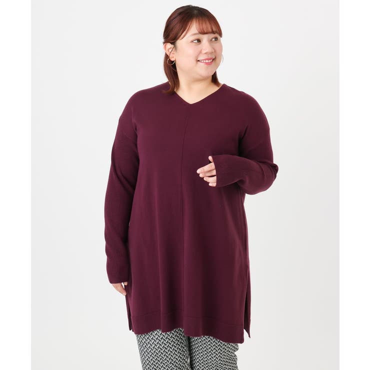 ワイン(77) | 【大きいサイズ】Vネックニットチュニック | eur3