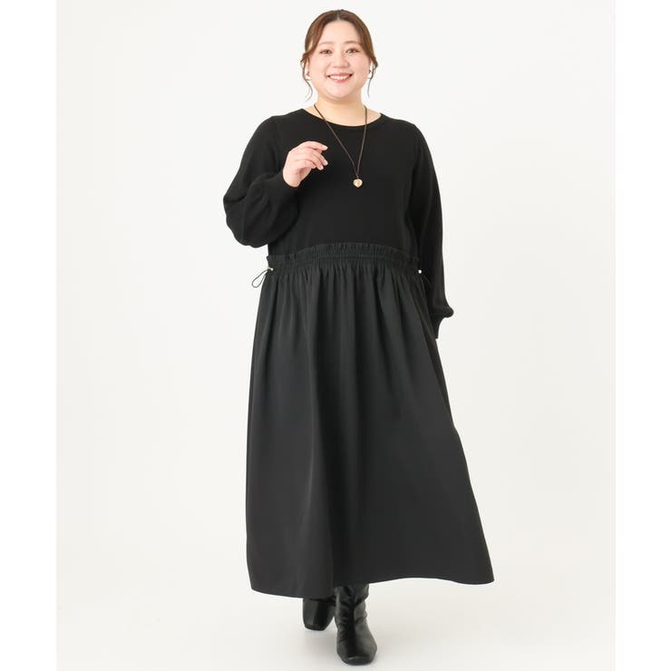 ブラック(94) | 【大きいサイズ】シャーリングコンビワンピース | eur3