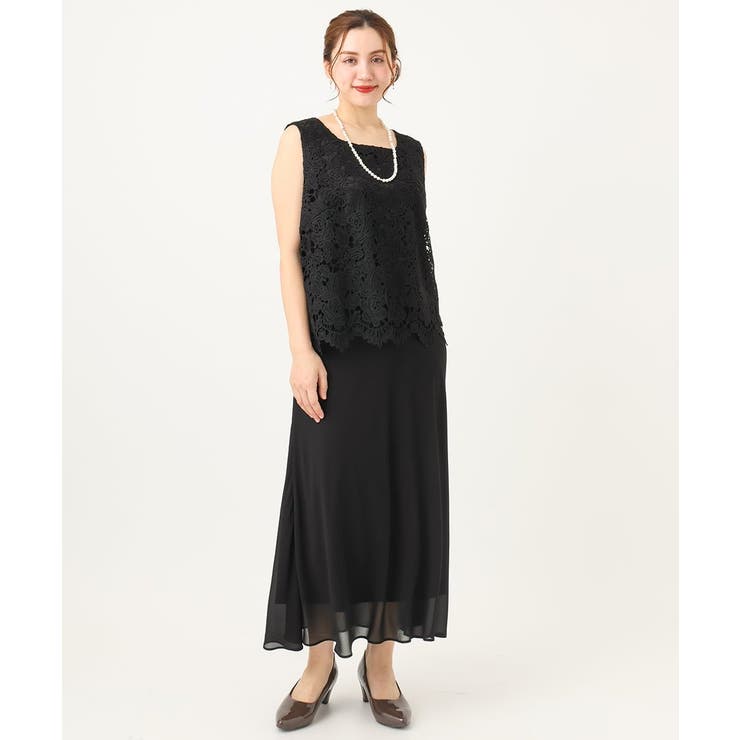 ブラック(94) | 【大きいサイズ】レースブラウス×ジョーゼットスカートセットアップ | eur3