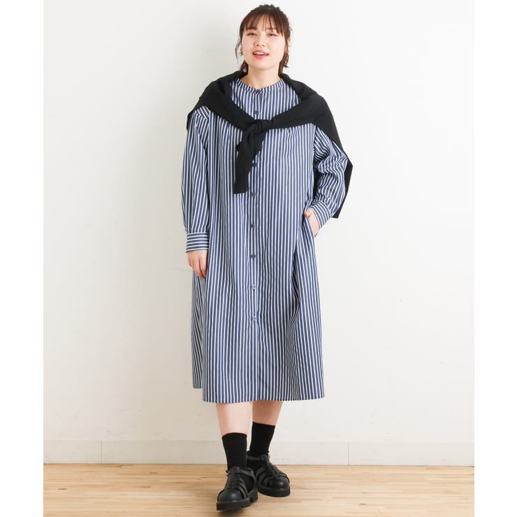 【大きいサイズ】イヴルース ロングシャツワンピース ストライプ ベルト付 XL 高身長 ストライプシャツワンピース（トールサイズ）Essenave