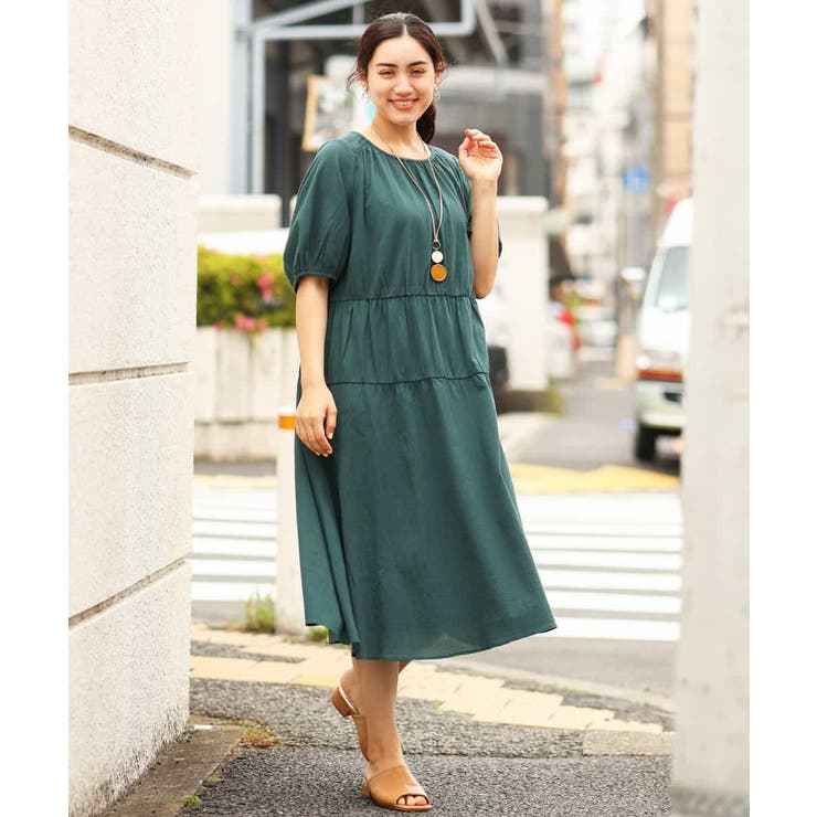 大きいサイズ】コットンボイルシャーリングワンピース[品番