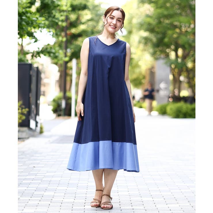 【大きいサイズ】バイカラーノースリーブワンピース | eur3 | 詳細画像1 