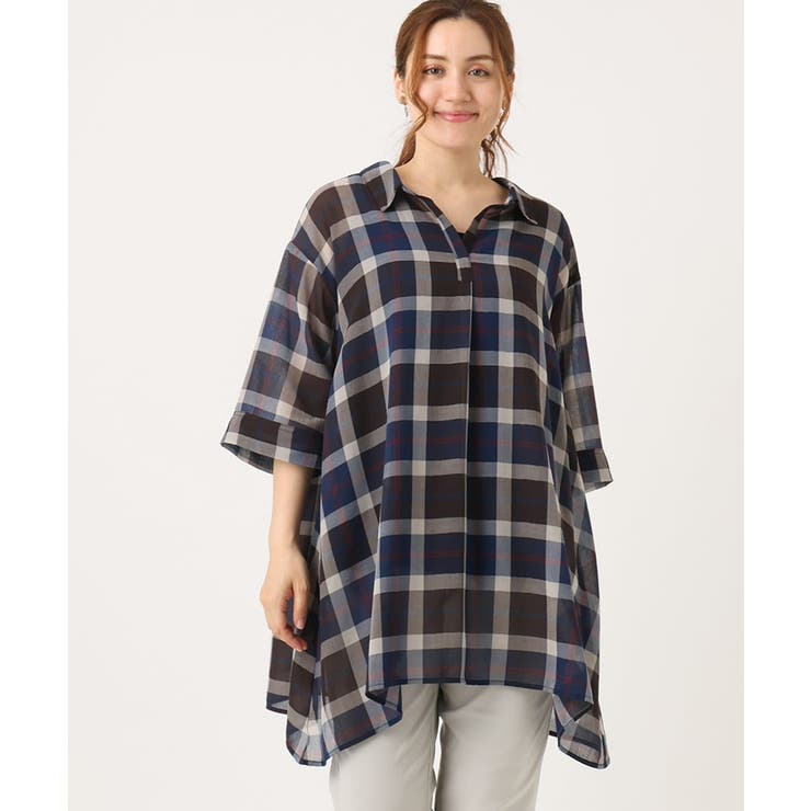 【大きいサイズ】シアーチェックシャツチュニック | eur3 | 詳細画像1 