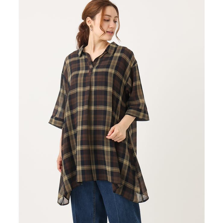 ダークブラウン(87) | 【大きいサイズ】シアーチェックシャツチュニック | eur3