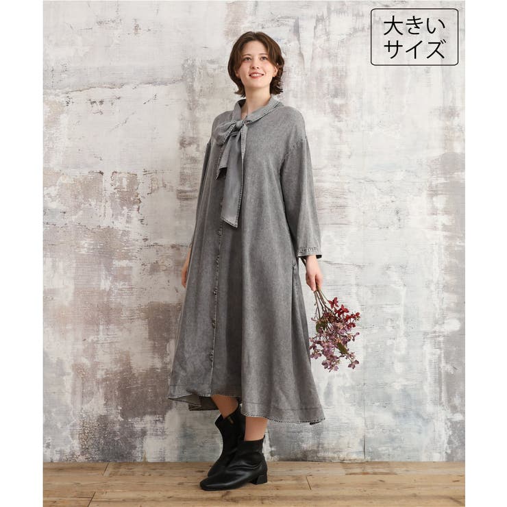 ブラック | 【大きいサイズ】ケミカルウォッシュデニムボウドレス | eur3
