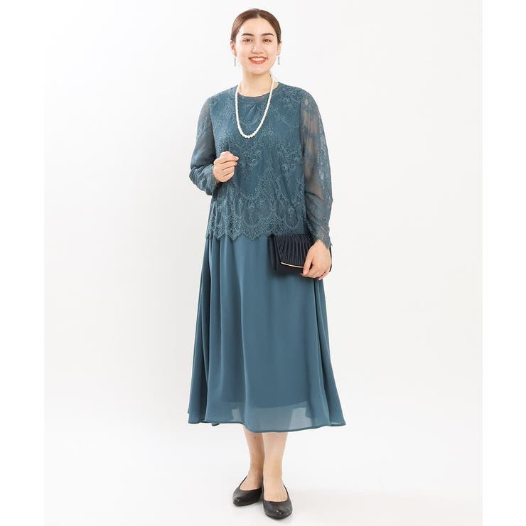 グリーン(35) | 【大きいサイズ】レースセットアップ風ワンピース | eur3