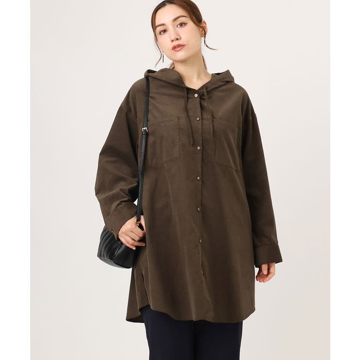 ダークブラウン(87) | 【大きいサイズ】コーデュロイフーディーシャツチュニック | eur3