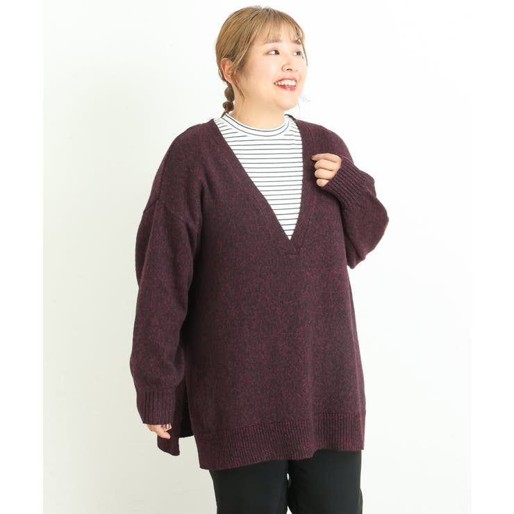 大きいサイズ】深Vネックニットチュニック[品番：ITKW0009513]｜eur3