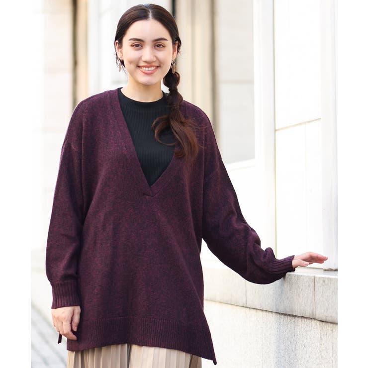 大きいサイズ】深Vネックニットチュニック[品番：ITKW0009513]｜eur3