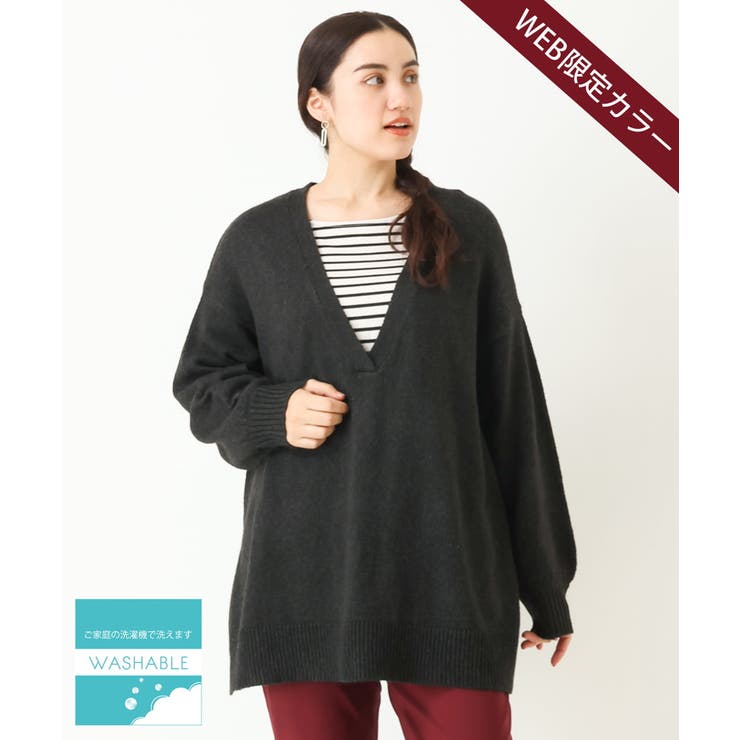 大きいサイズ】深Vネックニットチュニック[品番：ITKW0009513]｜eur3