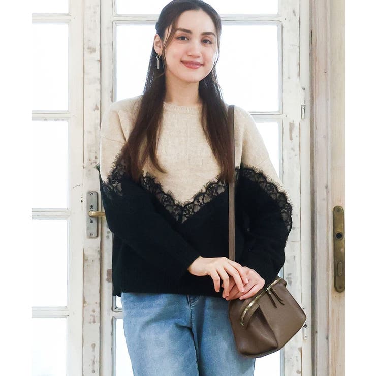 ベージュ(82) | 【大きいサイズ/LAVEANGE×eur3】レースバイカラーニット | eur3