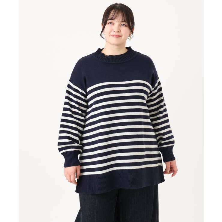 ネイビー(57) | 【大きいサイズ】パネルボーダーサイドスリットニット | eur3